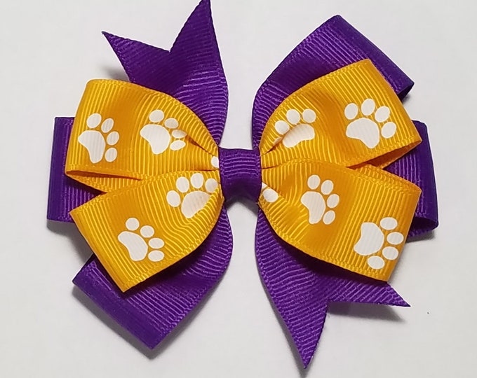 3.5" Yellow Gold Paw Print Hair Bow *You Choose Solid Bow Color*