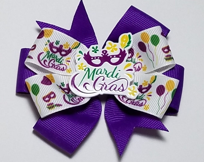 3.5" Mardi Gras Hair Bow *You Choose Solid Bow Color*