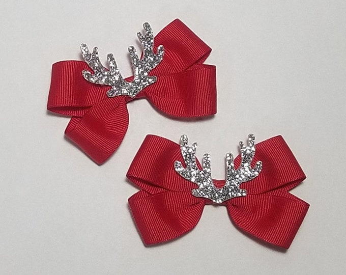 3" Reindeer Antler Glitter Pigtail Hair Bow Set *You Choose Solid Bow Color*