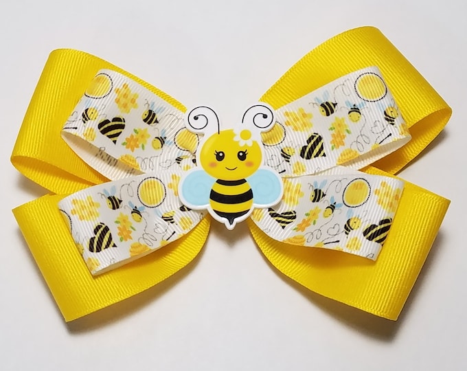 5" Bee Print Hair Bow *You Choose Solid Bow Color*