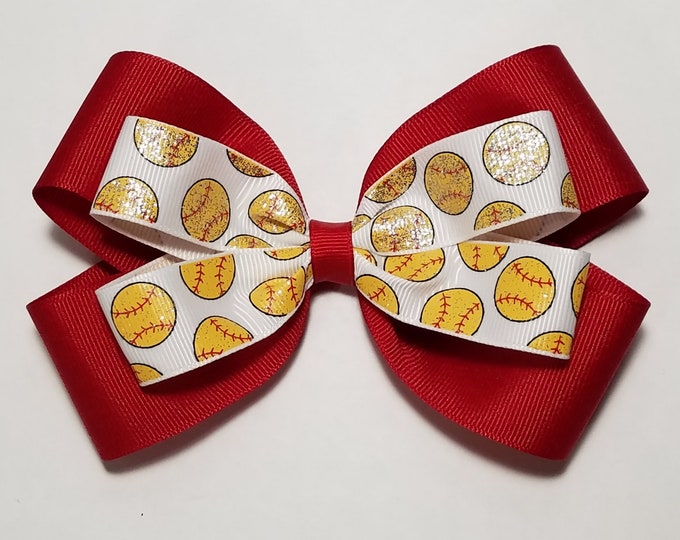 5" Softball Print Glitter Hair Bow *You Choose Solid Bow Color*