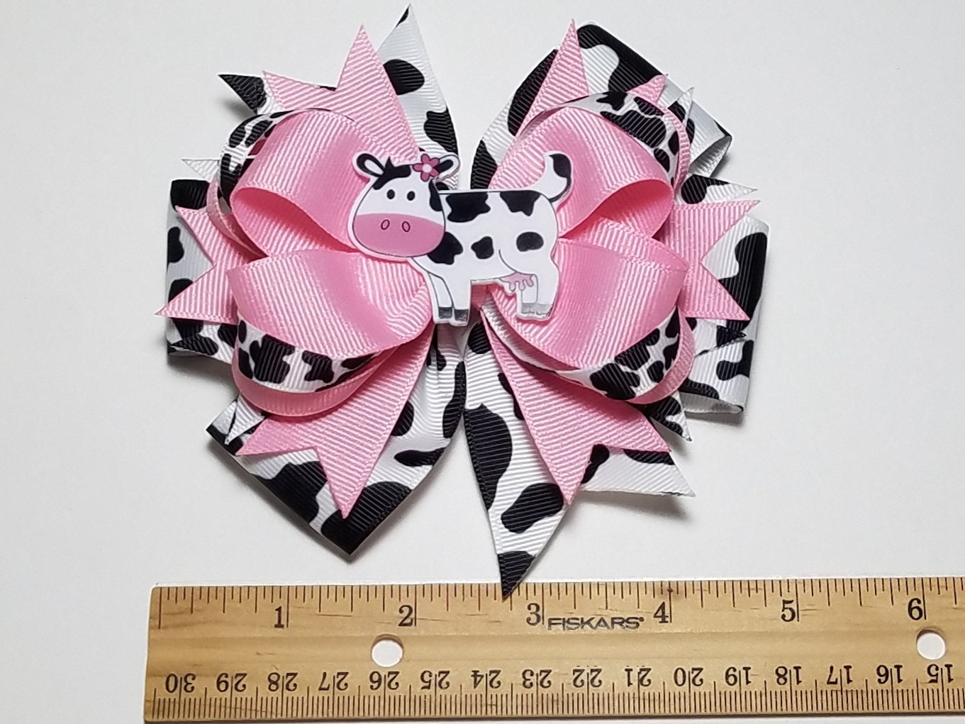 5 Cow Print OTT Hair Bow you Choose Solid Ribbon Color 