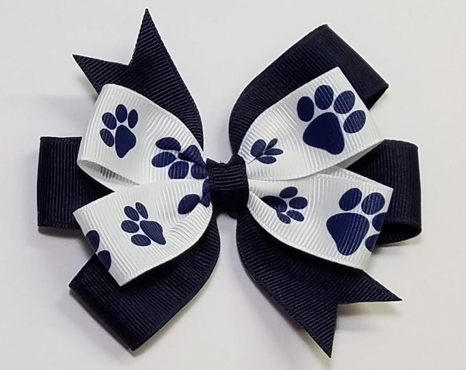 3.5" Navy Blue Paw Print Hair Bow *You Choose Solid Bow Color*