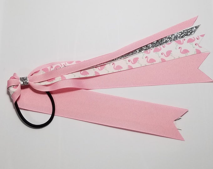 Flamingo Print Ponytail Streamer *You Choose Solid Ribbon Color- Glitter Color & Length*