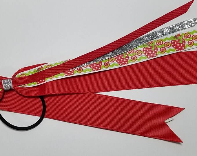 Apple Worm Ponytail Streamer *You Choose Solid Ribbon Color- Glitter Color & Length*