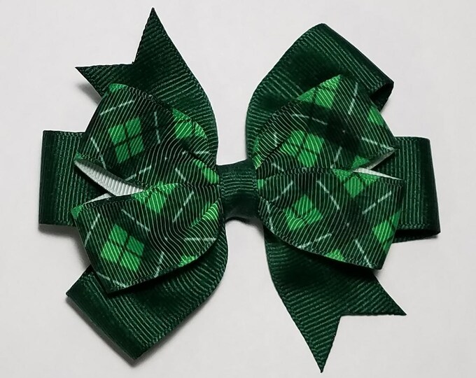 3.5" Green Plaid Hair Bow *You Choose Solid Bow Color*