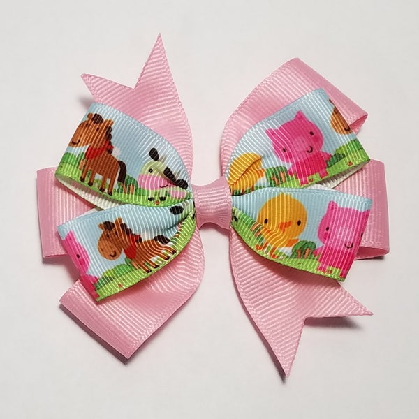 3.5" Farm Barnyard Animals Hair Bow *You Choose Solid Bow Color*