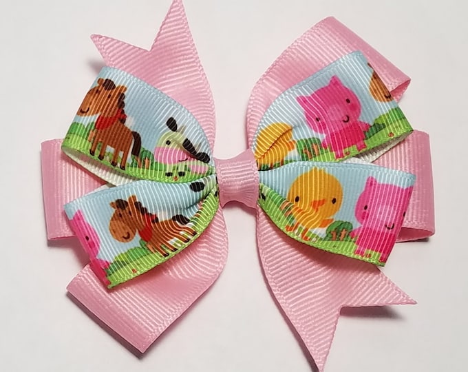 3.5" Farm Barnyard Animals Hair Bow *You Choose Solid Bow Color*