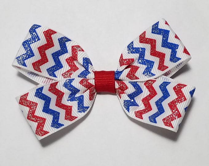 3" 4th July Glitter Chevron Stripe Hair Bow