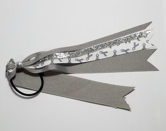 Gray Awareness Ribbon Ponytail Streamer *You Choose Solid Ribbon Color- Glitter Color & Length*