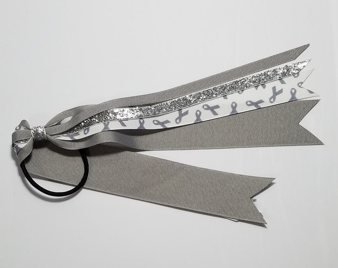 Gray Awareness Ribbon Ponytail Streamer *You Choose Solid Ribbon Color- Glitter Color & Length*