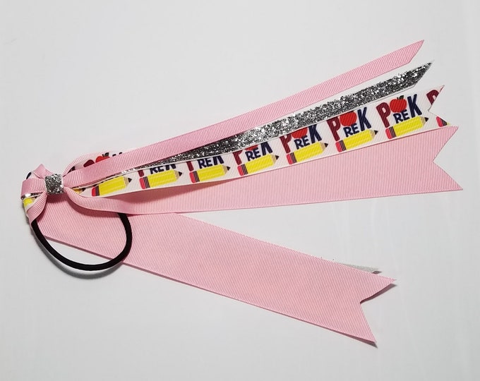 Pre K Pre Kindergarten Ponytail Streamer *You Choose Solid Ribbon Color- Glitter Color & Length*
