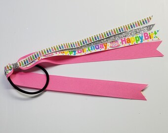 Happy Birthday Ponytail Streamer *You Choose Solid Ribbon Color- Glitter Color & Length*