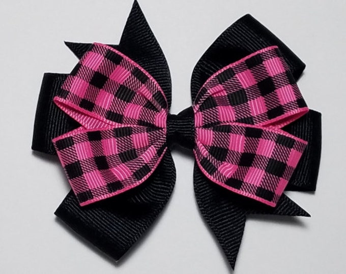 3.5" Pink Buffalo Plaid Hair Bow *You Choose Solid Bow Color*