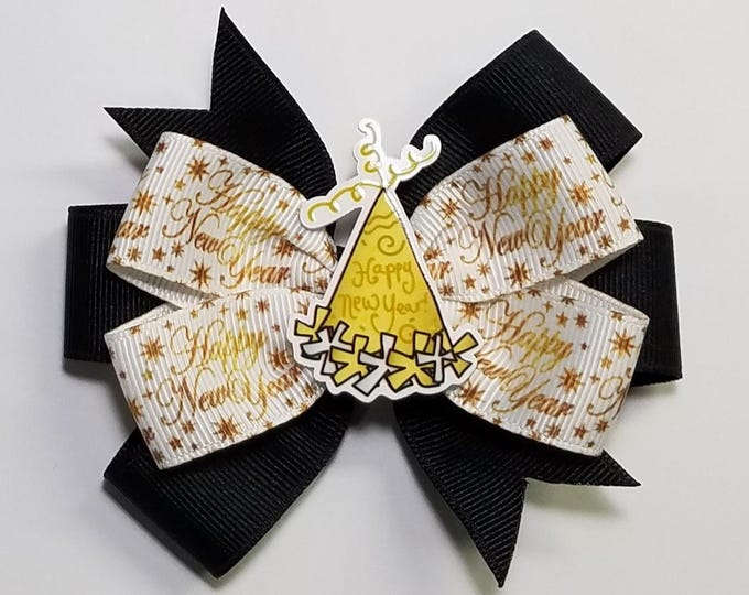 3.5" Happy New Year Hair Bow *You Choose Solid Bow Color*
