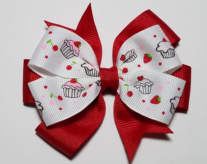 3.5" Strawberry Cupcake Hair Bow *You Choose Solid Bow Color*