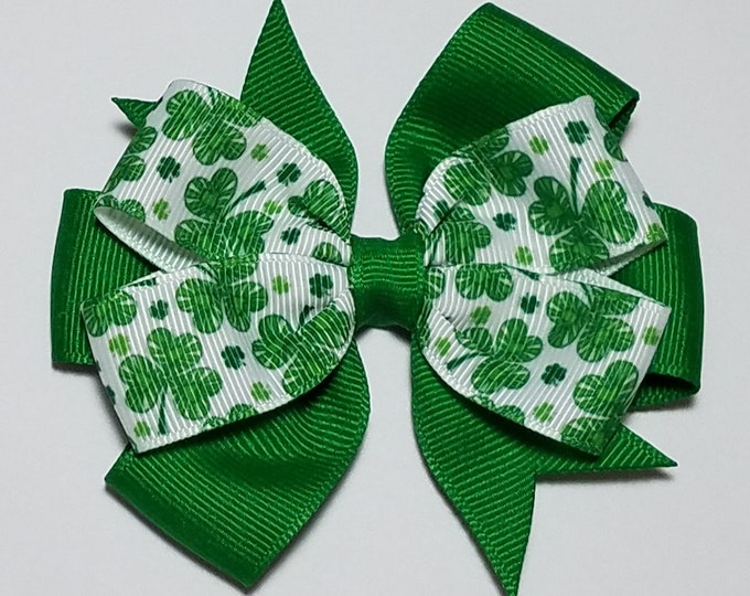 3.5" Shamrock Clover Hair Bow *You Choose Solid Bow Color*