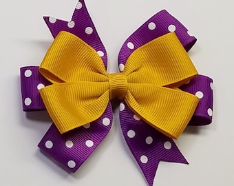 Lazo para el cabello de 3.5" con lunares morados y dorados, colores de equipo deportivo escolar *Puedes elegir el color del lazo*