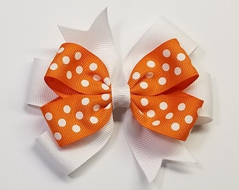 3.5" Orange White Polka Dot Team Sport School Colors Hair Bow *You Choose Solid Bow Color*