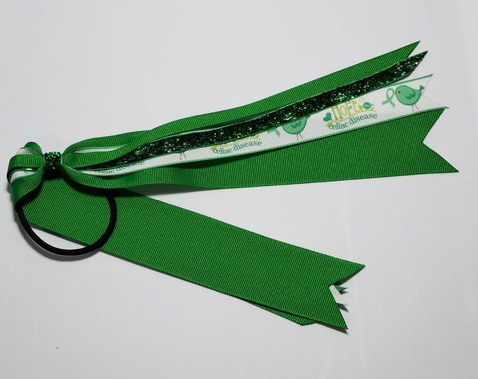Celiac Disease Green Awareness Ribbon Ponytail Streamer *You Choose Solid Ribbon Color- Glitter Color & Length*