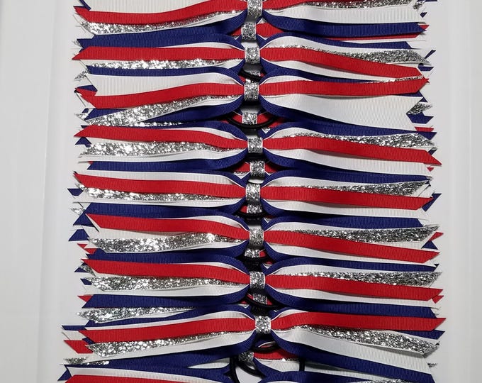 18 Piece Red White Light Navy Blue Patriotic Glitter Ponytail Streamer Team Set Pre-Made Ready to Ship Short 5" Off Each Side (10" Total)