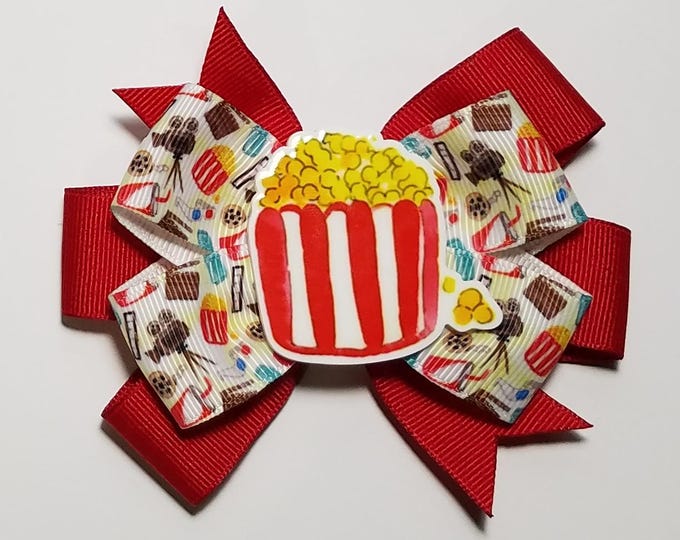 3.5" Movie Night Popcorn Hair Bow *You Choose Solid Bow Color*