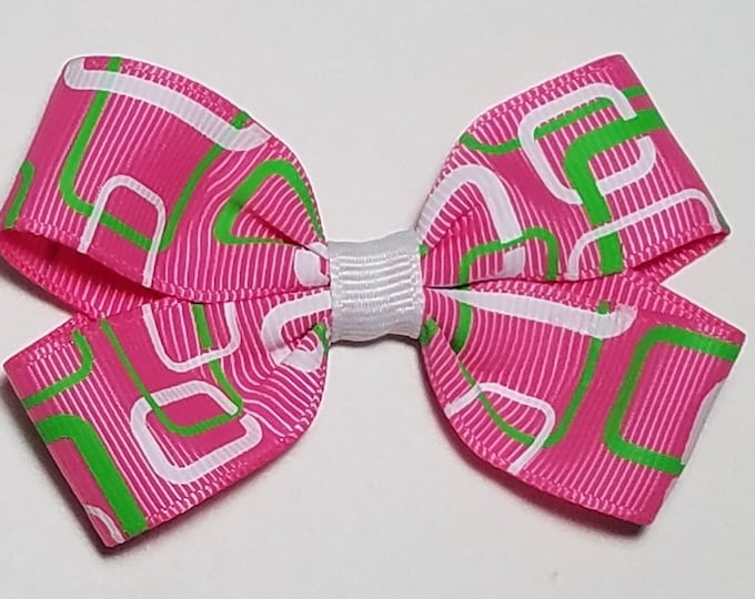 3" Pink Green Square Hair Bow *CLEARANCE*