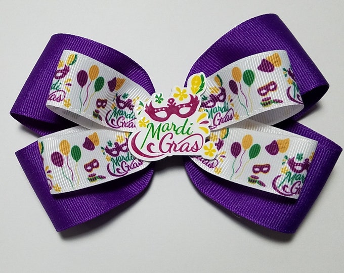 5" Mardi Gras Hair Bow *You Choose Solid Bow Color*