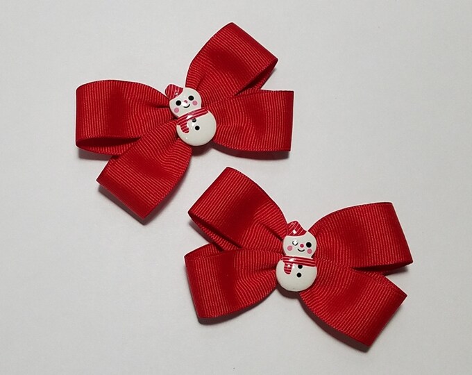 3" Snowman Pigtail Hair Bow Set *You Choose Solid Bow Color*