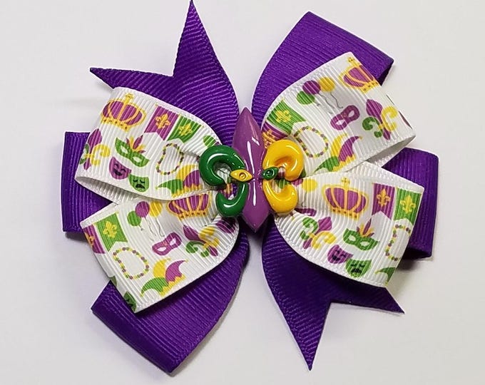 3.5" Mardi Gras Hair Bow *You Choose Solid Bow Color*