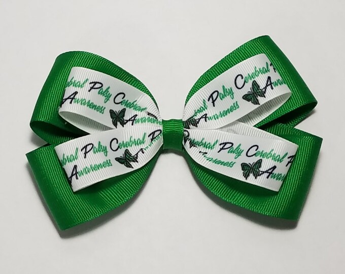 5" Cerebral Palsy Green Awareness Ribbon Hair Bow *You Choose Solid Bow Color*