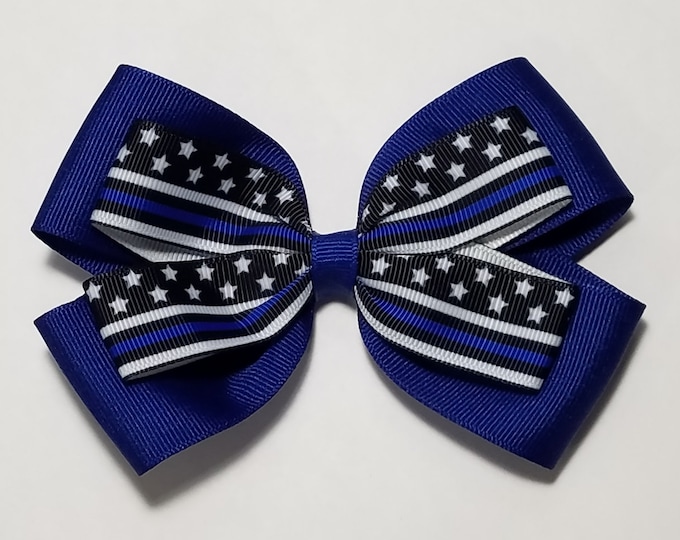 5" Police Blue Line Hair Bow *You Choose Solid Bow Color*