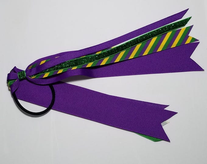 Mardi Gras Stripe Ponytail Streamer *You Choose Solid Ribbon Color- Glitter Ribbon Color & Length*