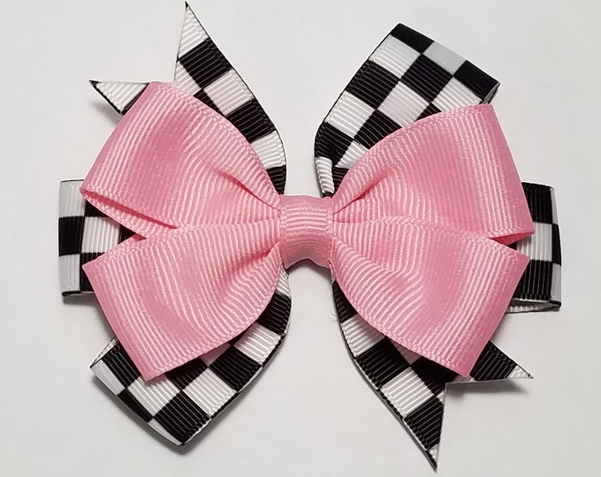 3.5" Checkered Flag Racing Hair Bow *You Choose Solid Bow Color*