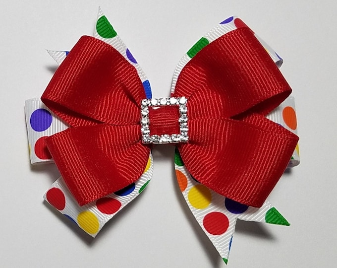 3.5" Rainbow Polka Dot Hair Bow *You Choose Solid Bow Color*