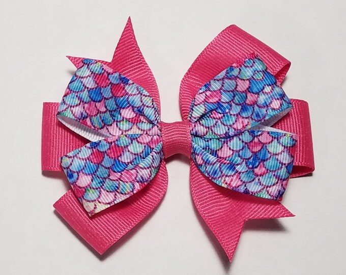 3.5" Mermaid Tail Scales Hair Bow *You Choose Solid Bow Color*