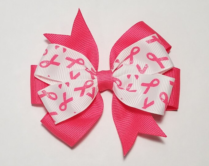 3.5" Pink Glitter Awareness Ribbon Breast Cancer Hair Bow *You Choose Solid Bow Color*