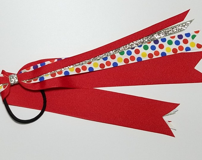 Rainbow Polka Dot Ponytail Streamer *You Choose Solid Ribbon Color- Glitter Color & Length*