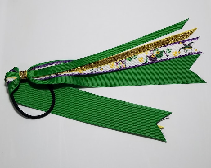 Mardi Gras Ponytail Streamer *You Choose Solid Ribbon Color- Glitter Ribbon Color & Length*