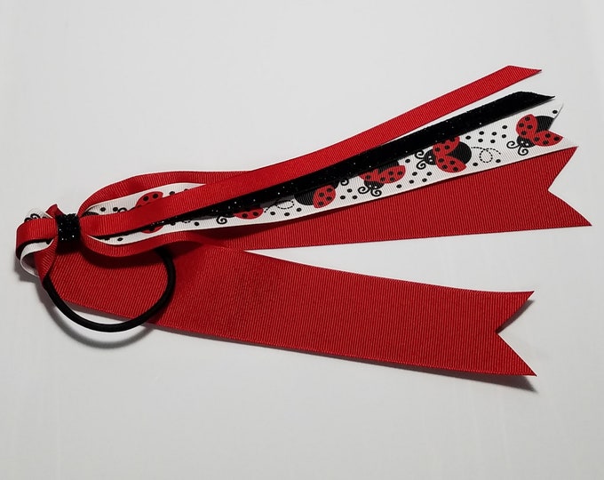 Ladybug Ponytail Streamer *You Choose Solid Ribbon Color- Glitter Color & Length*