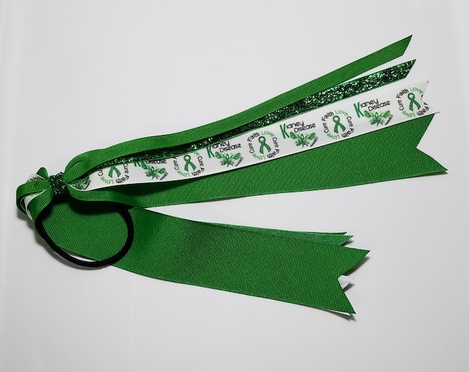 Kidney Disease Green Awareness Ribbon Ponytail Streamer *You Choose Solid Ribbon Color- Glitter Color & Length*