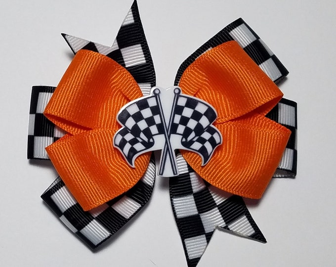 3.5" Checkered Flag Racing Hair Bow *You Choose Solid Bow Color*