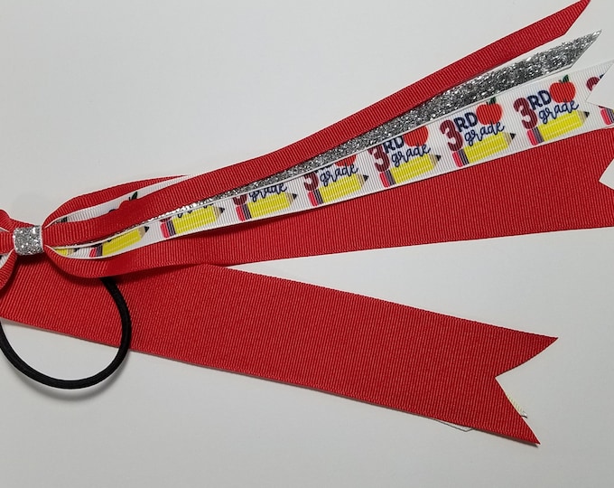 3rd Grade Ponytail Streamer *You Choose Solid Ribbon Color- Glitter Color & Length*
