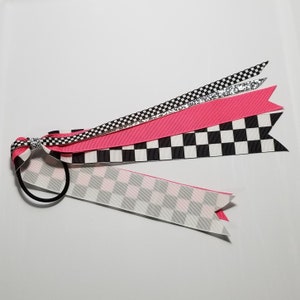 Checkered Flag Racing Ponytail Streamer *You Choose Solid Bow Color- Glitter Color & Length*
