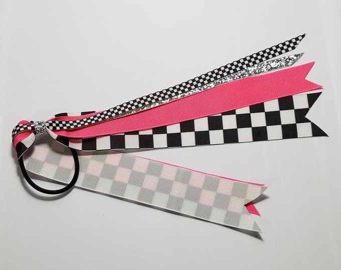 Checkered Flag Racing Ponytail Streamer *You Choose Solid Bow Color- Glitter Color & Length*