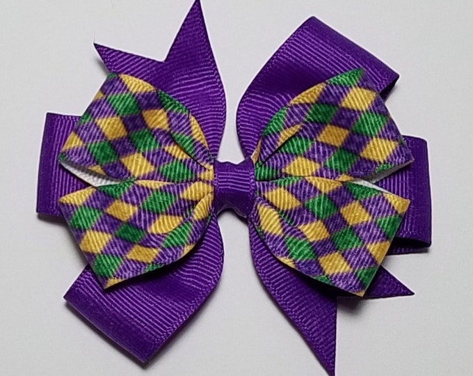 3.5" Mardi Gras Hair Bow *You Choose Solid Bow Color*