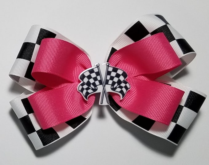 5" Checkered Flag Hair Bow *You Choose Solid Bow Color*