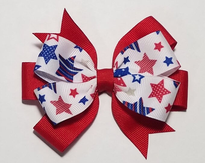 3.5" Patriotic Stars Hair Bow *You Choose Solid Bow Color*