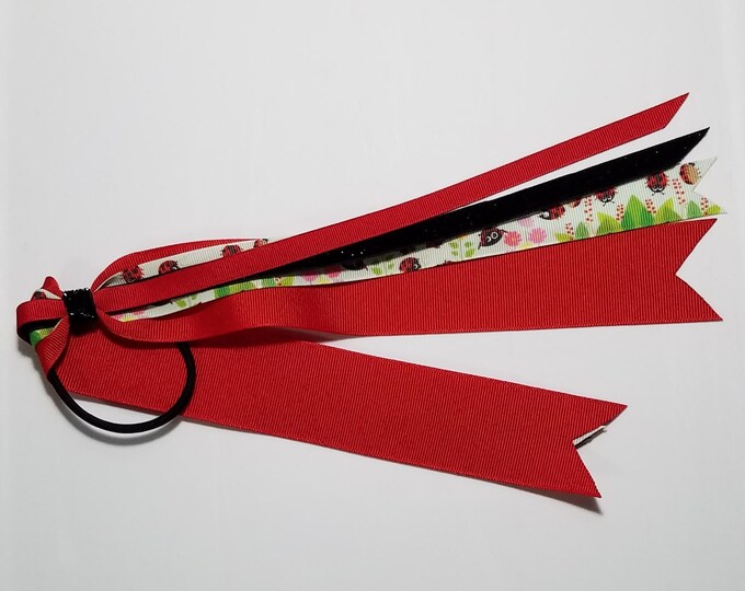 Ladybug Ponytail Streamer *You Choose Solid Ribbon Color- Glitter Color & Length*