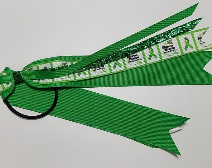 Mental Health Green Awareness Ribbon Ponytail Streamer *You Choose Solid Ribbon Color- Glitter Color & Length*